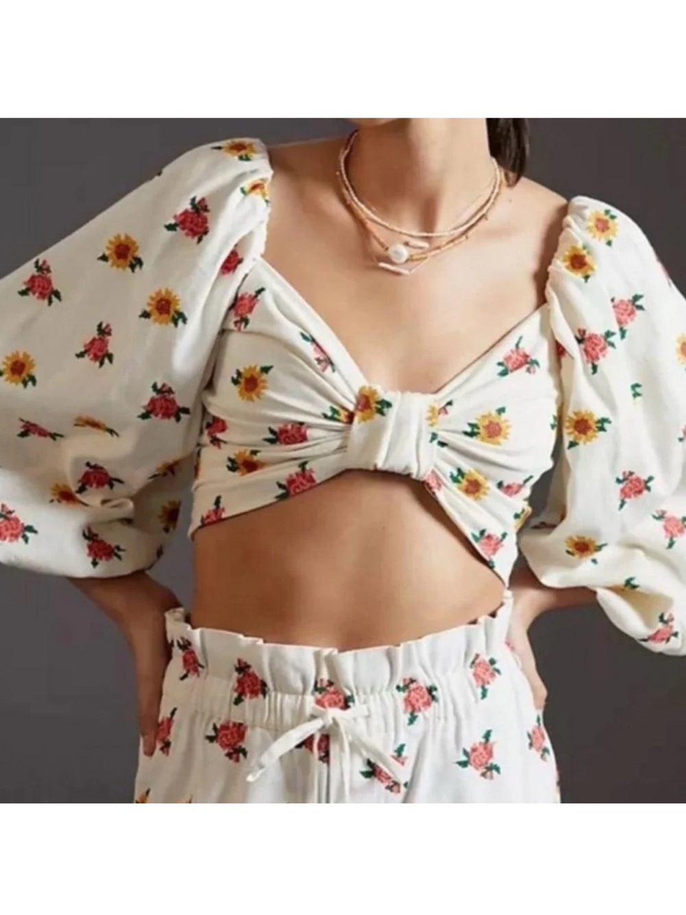 Farm Rio Balloon Puff-Sleeve Embroidered Tie-Front Crop White Floral Top, XS